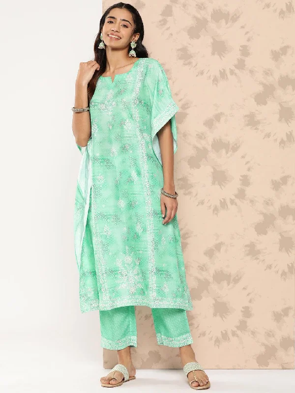 Women's RompersSea Green Printed Silk Blend Kaftan Kurta With Trousers