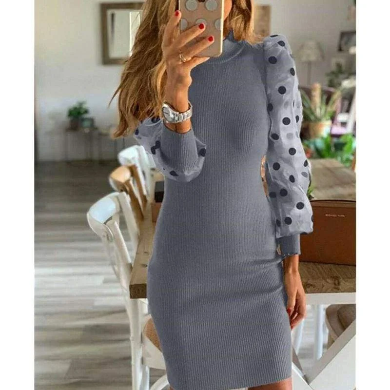 Women's Short-Sleeve DressesFashionSierra - Fashion Women's Polka Dot Long Puff Sleeve Jumper Pencil Dress Sexy Ladies Knit Bodycon Sweater Slim Fit Dress