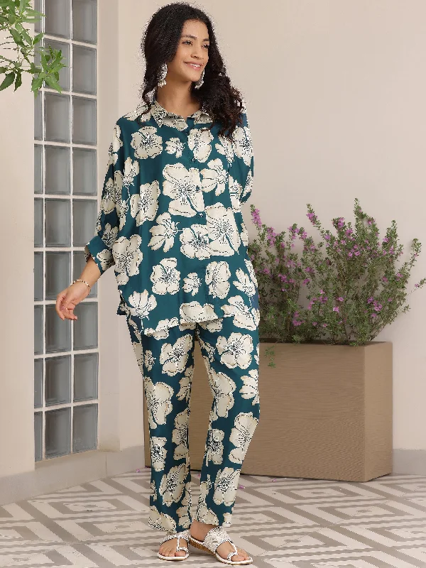 Women's Jumpsuits with Wide CollarBlue Printed Silk Blend Co-Ords