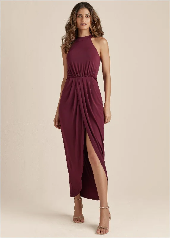 Women's Notched Collar DressesDrape Maxi Dress - Wine