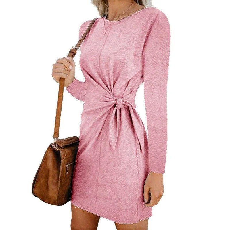 Women's Low Collar DressesFashionSierra - New Fashion Women's Casual Sweatshirt Long Sleeve Crew Neck Lace-Up Autumn Winter Dress Elegant Ladies Bodycon T-Shirt Dress