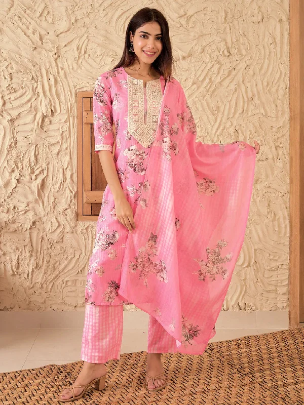 Women's Jumpsuits with Lapel CollarPink Printed Cotton Straight Suit With Dupatta