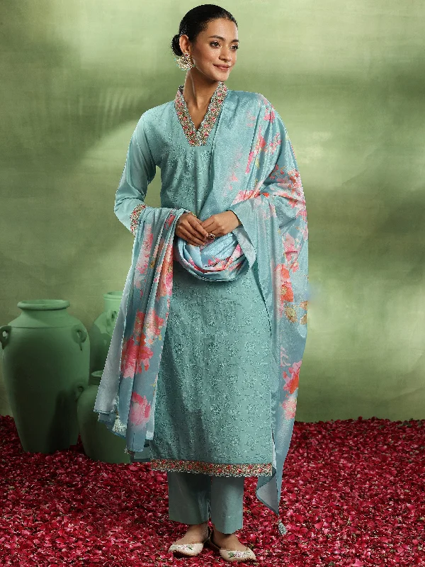 Women's Jumpsuits with Cropped LengthSea Green Embroidered Cotton Straight Suit With Dupatta