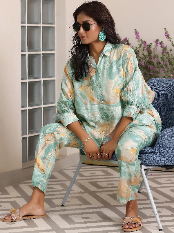 Women's Jumpsuits with Rounded CollarBlue Printed Silk Blend Co-Ords