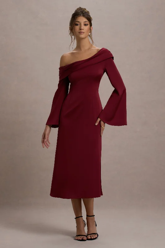 Women's Low Collar DressesAstral | Port Satin Asymmetric Flared-Sleeve Midi Dress