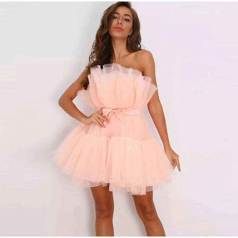 Women's Long-Sleeve DressesFashionSierra - Off Shoulder Mesh Tutu Dress Bodycon Lace Short Dress