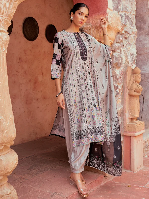 Women's Jumpsuits with Rounded HemGrey Printed Silk Blend Straight Suit With Dupatta