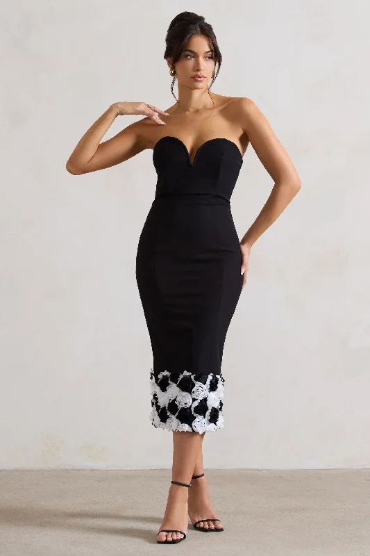 Women's Sweetheart Collar DressesRamona | Black Bodycon Sweetheart Midi Dress With Floral Trim