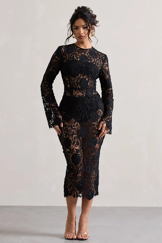 Women's Wide-Neck DressesScandal | Black Lace Long-Sleeved Midi Dress