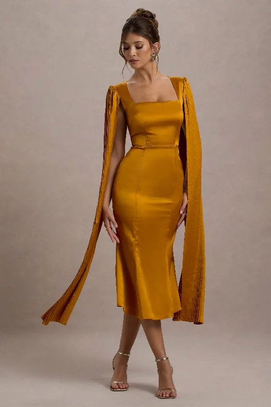 Women's Collarless DressesNalda | Mustard Square-Neck Midi Dress With Cape Sleeves