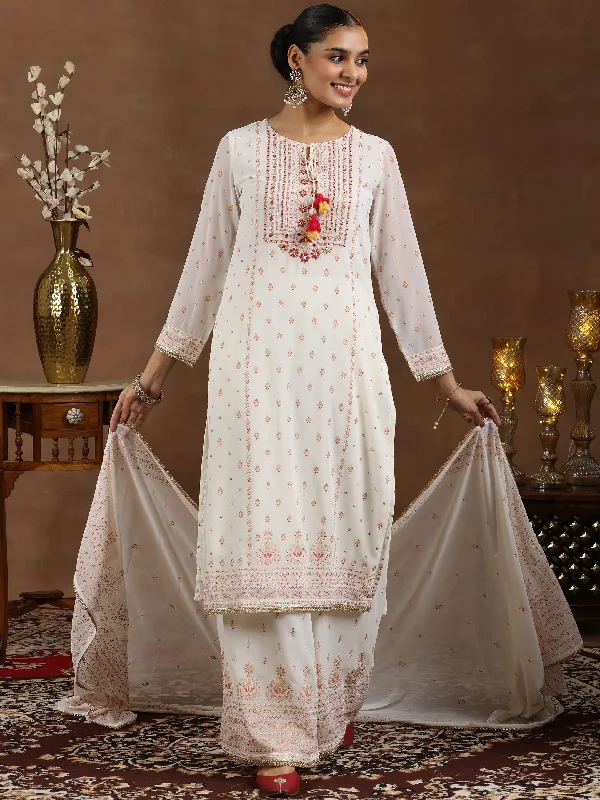 Women's Jumpsuits with CollarOff White Printed Georgette Straight Suit With Dupatta