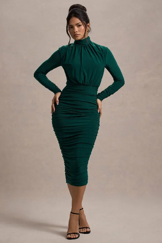 Women's Keyhole Collar DressesDasha | Bottle Green Ruched High-Neck Long-Sleeve Midi Dress