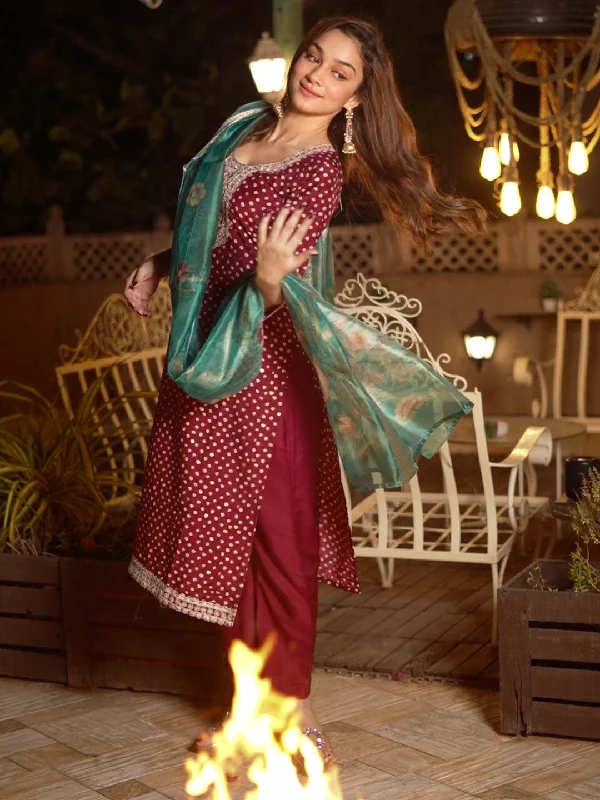 Women's Jumpsuits with V-Shaped CollarMaroon Printed Silk Blend Straight Suit With Dupatta