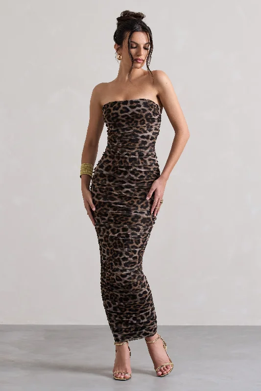 Women's High Collar DressesMy Lady | Leopard Print Strapless Bodycon Ruched Mesh Midi Dress