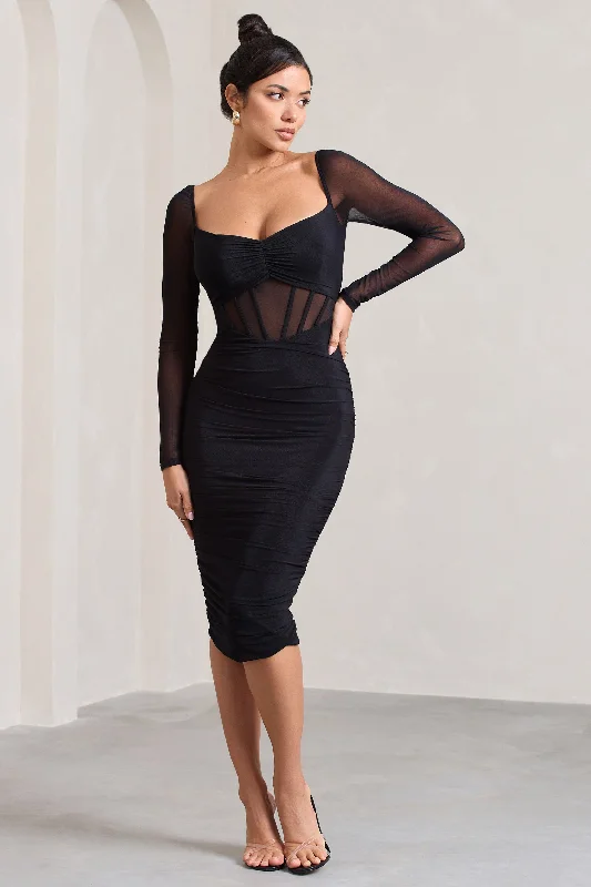 Women's Gathered DressesAbiba | Black Ruched Front Corset Midi Dress With Long Sleeves