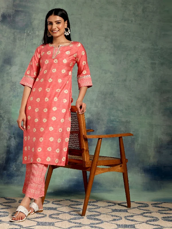 Women's Jumpsuits with Square CollarPeach Printed Silk Blend Straight Kurta Set