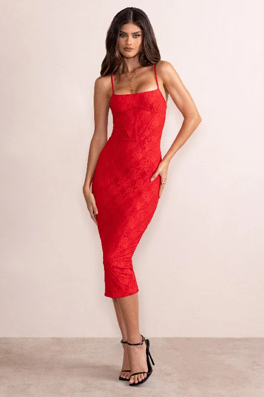 Women's Shawl Collar DressesAnele | Red Lace Overlay Corset Midi Dress