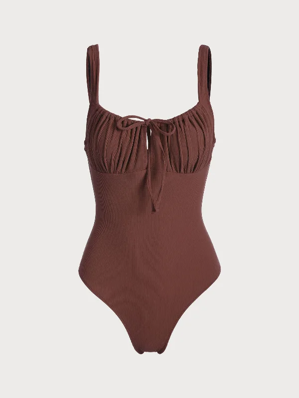 Coffee Cutout Tie One-Piece Swimsuit