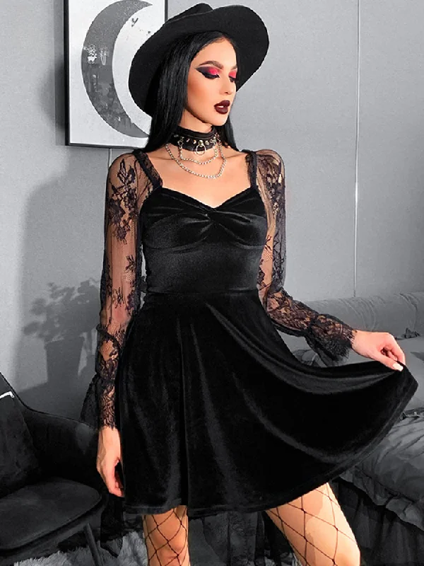 Women's Boat-Back DressesVelvet Lace Lantern Sleeve Twisted 40s 50s Retro V Neck Backless Bodycon Goth Dress