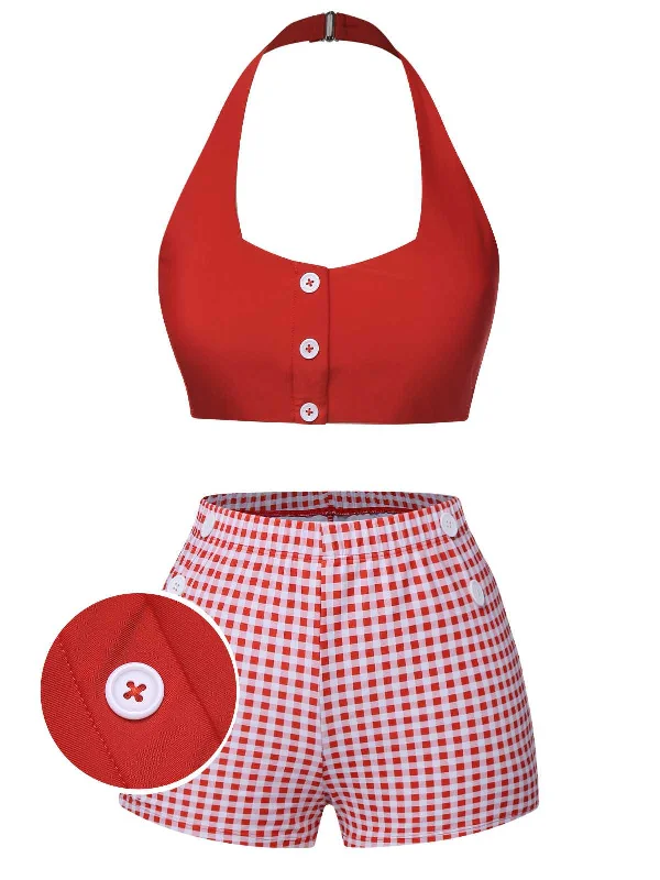 Red 1950s Halter Plaids Swimsuit