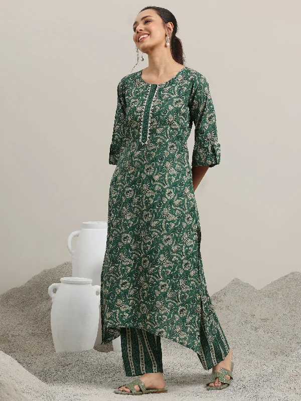 Women's Jumpsuits with V-Shaped CollarGreen Printed Cotton Straight Kurta With Palazzos