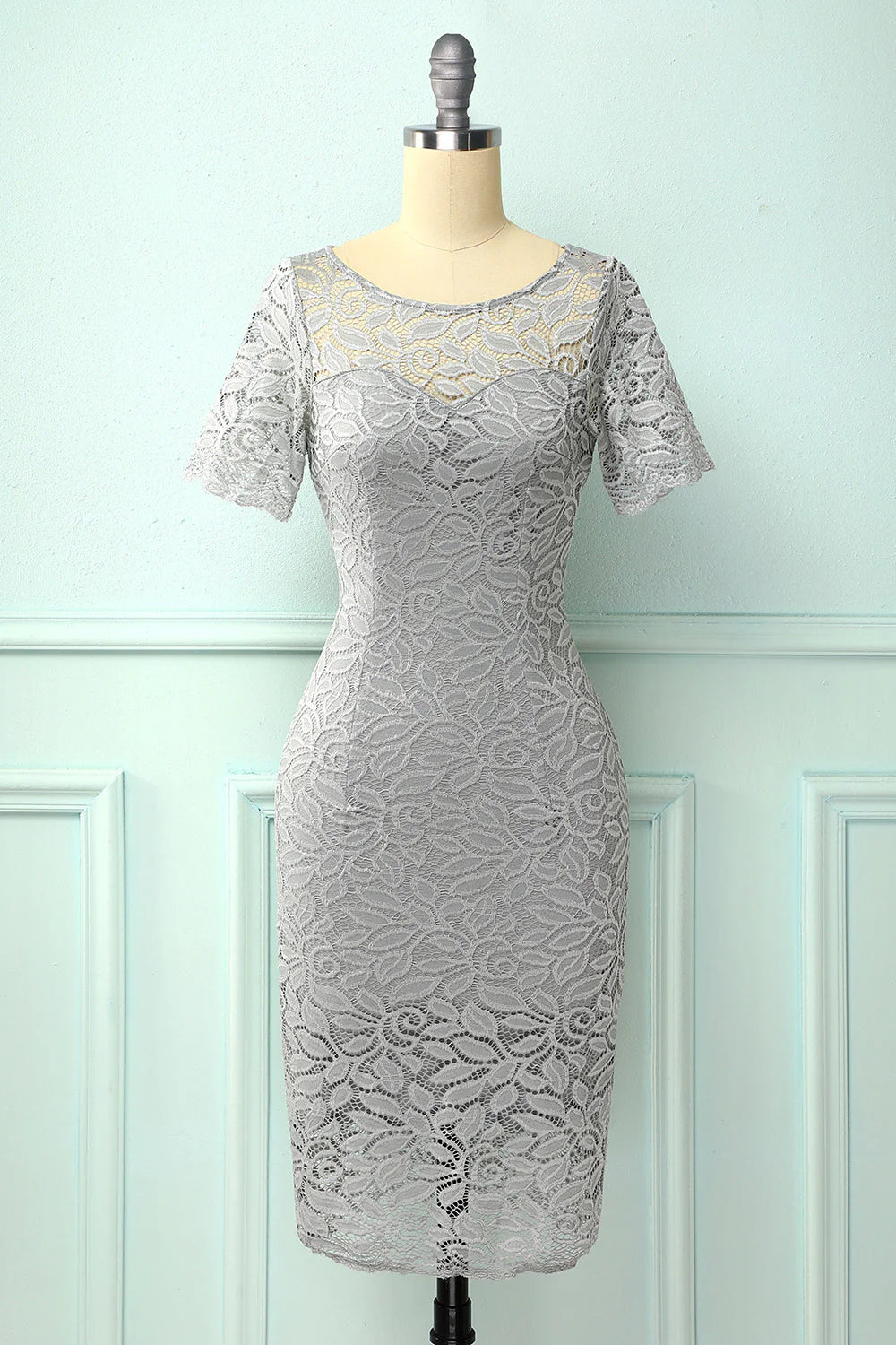 Women's Short-Sleeve DressesGrey Bodycon Lace Dress Round Neck Wedding Guest Dress