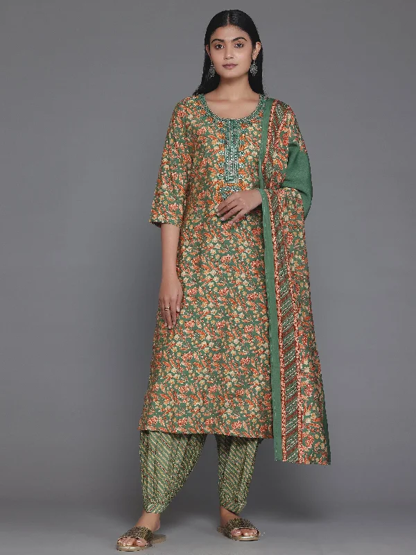 Women's Jumpsuits with Sweetheart CollarGreen Printed Silk Blend Straight Suit With Dupatta