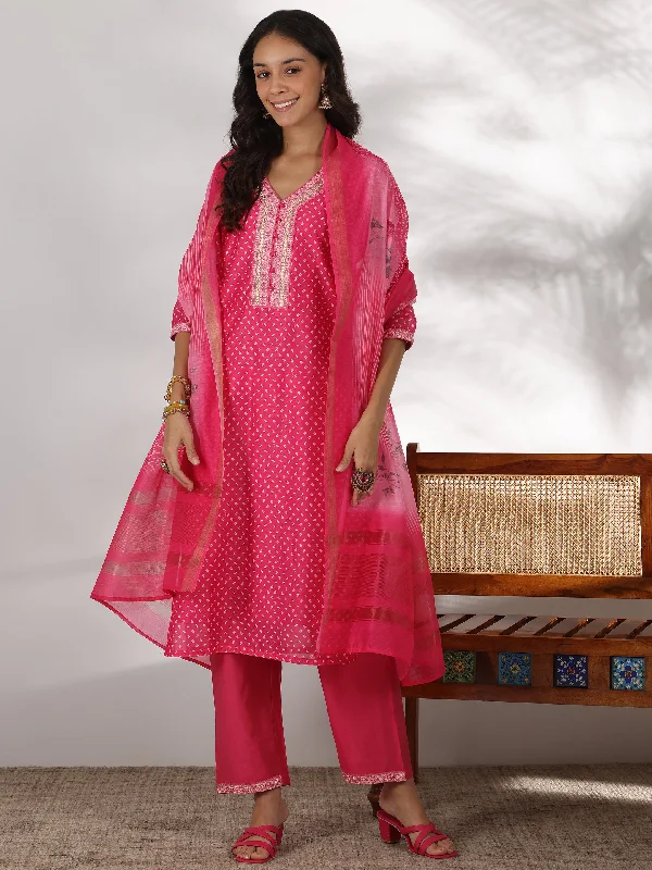 Women's Jumpsuits with Notched CollarPink Printed Silk Blend Straight Suit With Dupatta