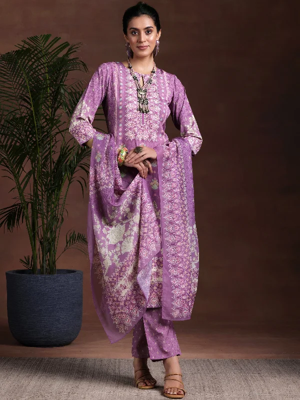 Women's Jumpsuits with Low CollarPurple Printed Poly Crepe Straight Suit With Dupatta