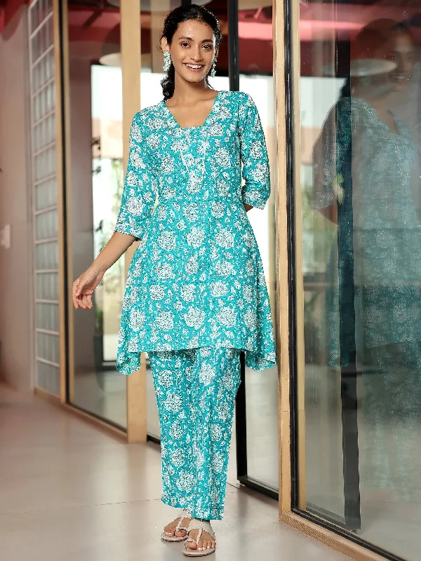 Women's Jumpsuits with Rounded CollarBlue Printed Cotton A-Line Kurta With Trousers