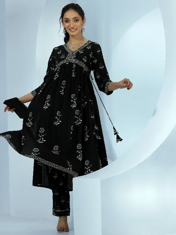 Women's Jumpsuits with High CollarBlack Printed Cotton A-Line Kurta With Palazzos