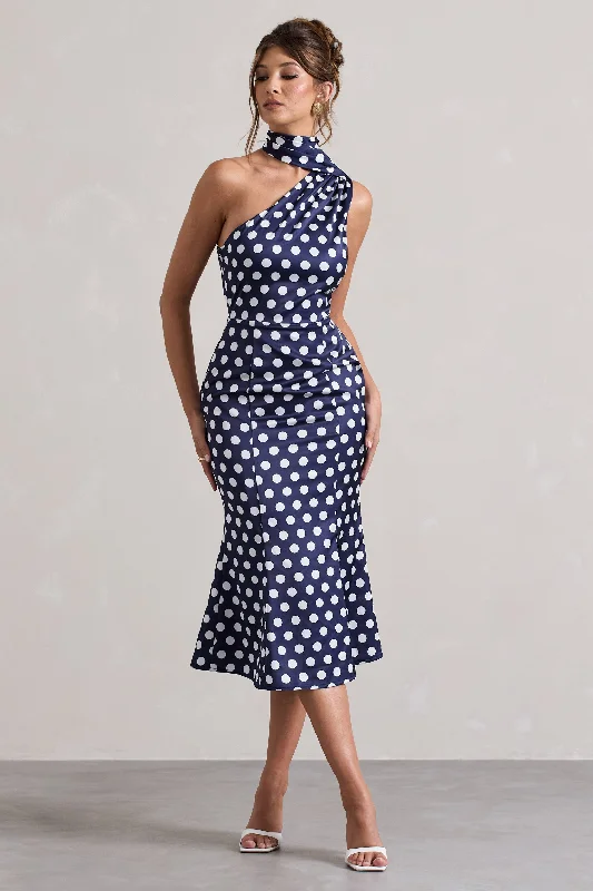 Women's Boat Collar DressesGolden Girl | Navy Polka Dot Asymmetric High-Neck Flared Midi Dress