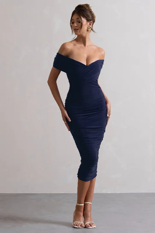 Women's High-Neck DressesUnwrapped | Navy Ruched Twist Bardot Midi Dress