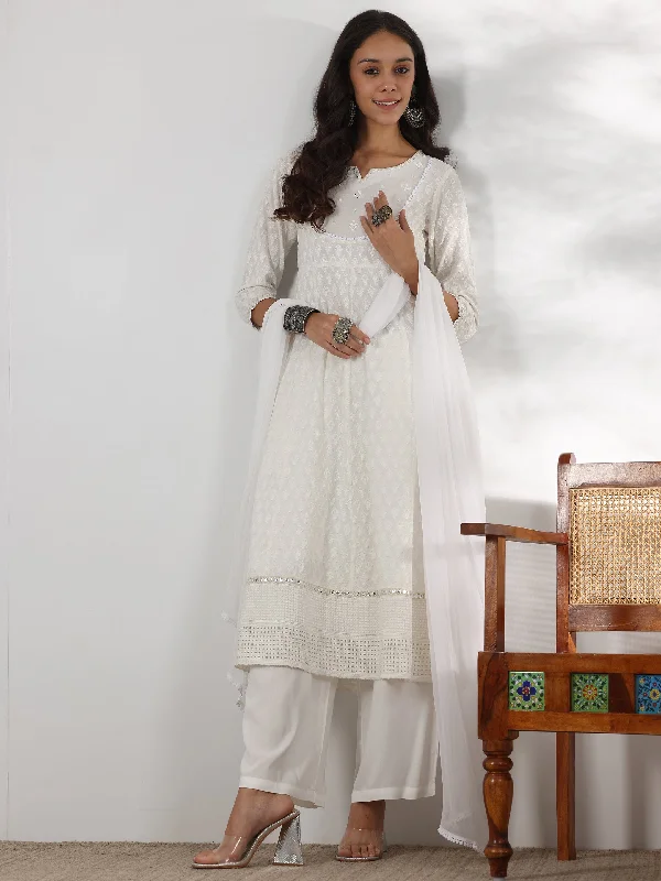 Women's OverallsWhite Embroidered Cotton Anarkali Suit With Dupatta