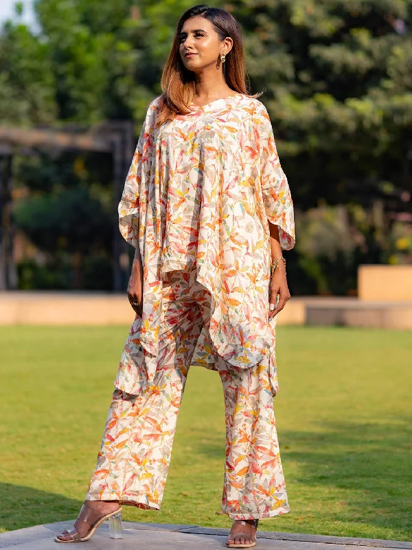 Women's Jumpsuits with Skinny LegCream Printed Rayon Co-Ords