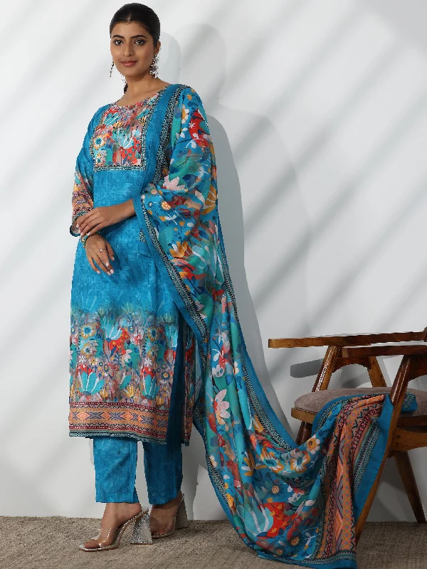 Women's Sleeveless JumpsuitsBlue Printed Linen Straight Suit With Dupatta