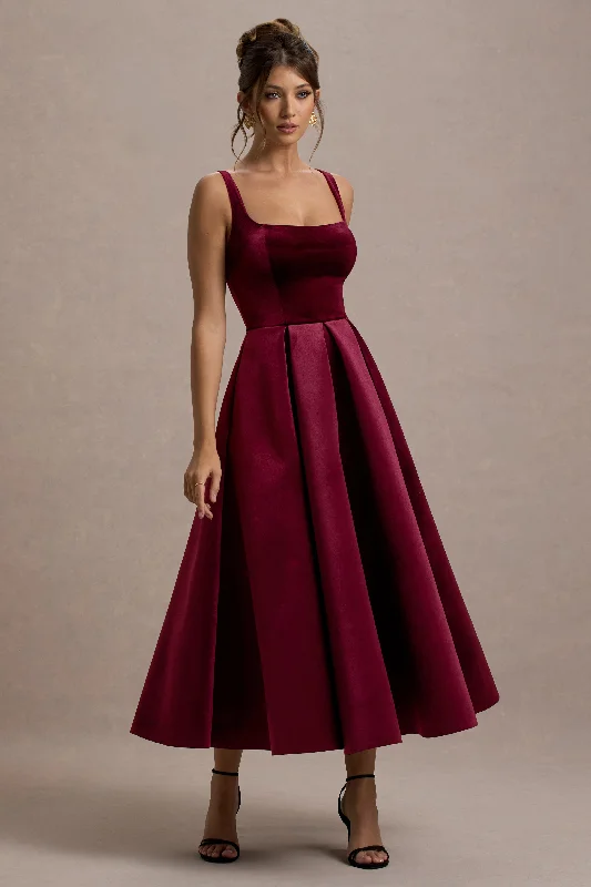 Women's Sweetheart-Back DressesFrancisca | Berry Velvet Strappy Volume-Hem Midi Dress