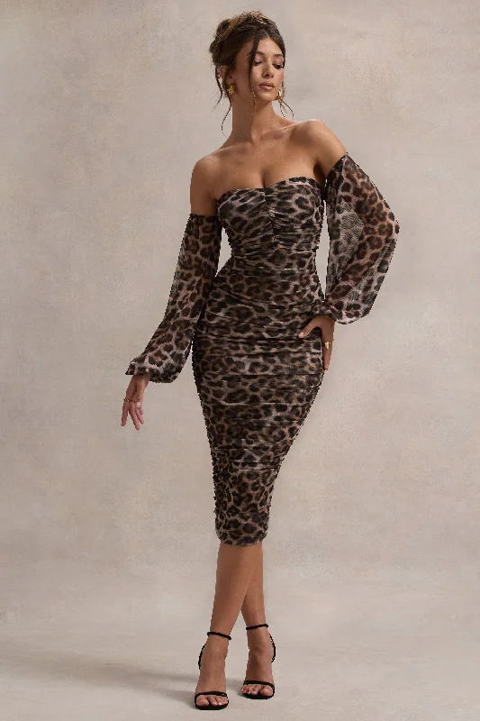 Women's U-Back DressesRica | Leopard Print Bardot Puff-Sleeve Midi Dress