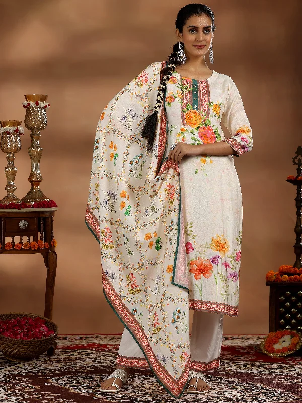 Women's Jumpsuits with Peter Pan CollarOff White Printed Cotton Blend Straight Suit With Dupatta