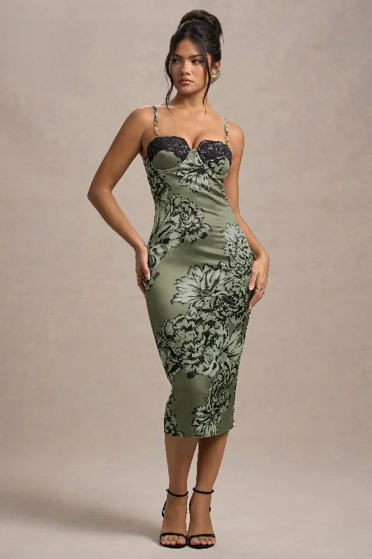 Women's Wide Collar DressesSoprano | Olive Floral Print Satin Sweetheart Lace Trim Midi Dress