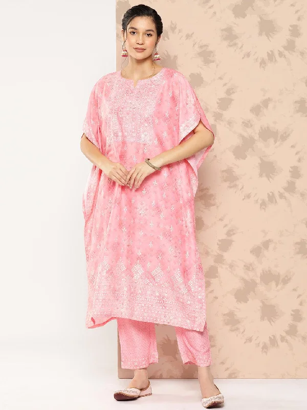 Women's Jumpsuits with Mandarin CollarPeach Printed Silk Blend Kaftan Kurta With Trousers