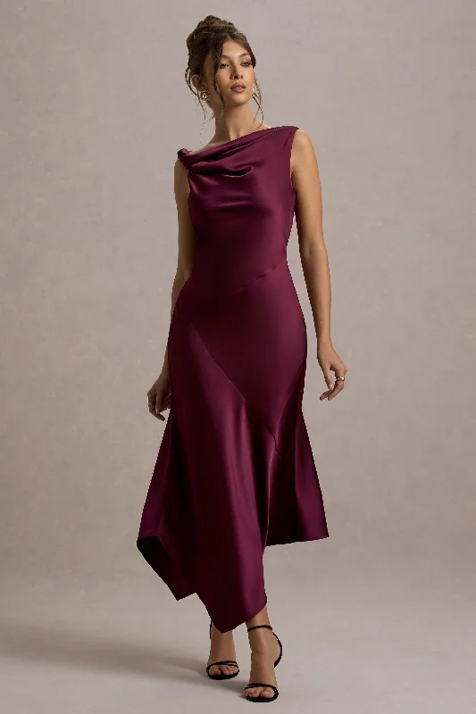 Women's U-Shaped Collar DressesDonelli | Plum Satin Asymmetric Midi Dress