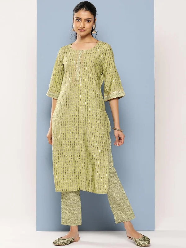 Women's Jumpsuits with Notched CollarGreen Printed Silk Blend Straight Kurta With Trousers