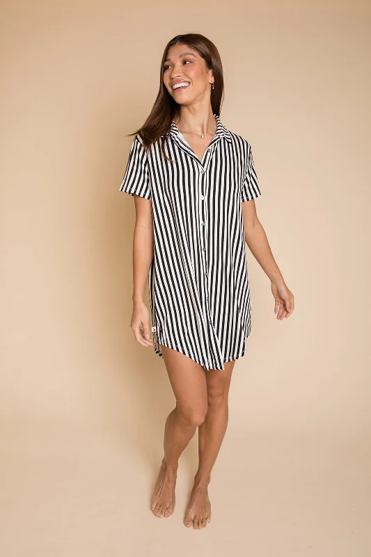 women's cotton pajama setsLadies Lounge Dress - BLACK AND WHITE STRIPE