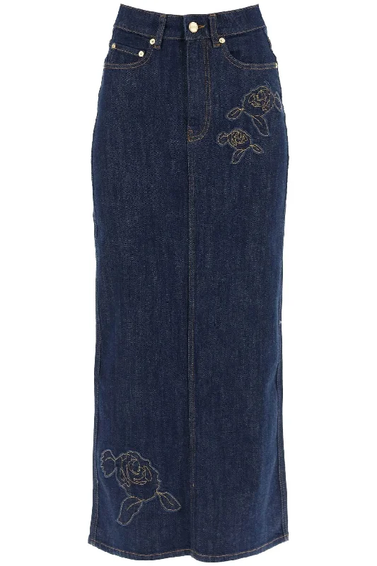 Women's Woven SkirtsGanni Women's Maxi blue Skirt With pink Embroidery