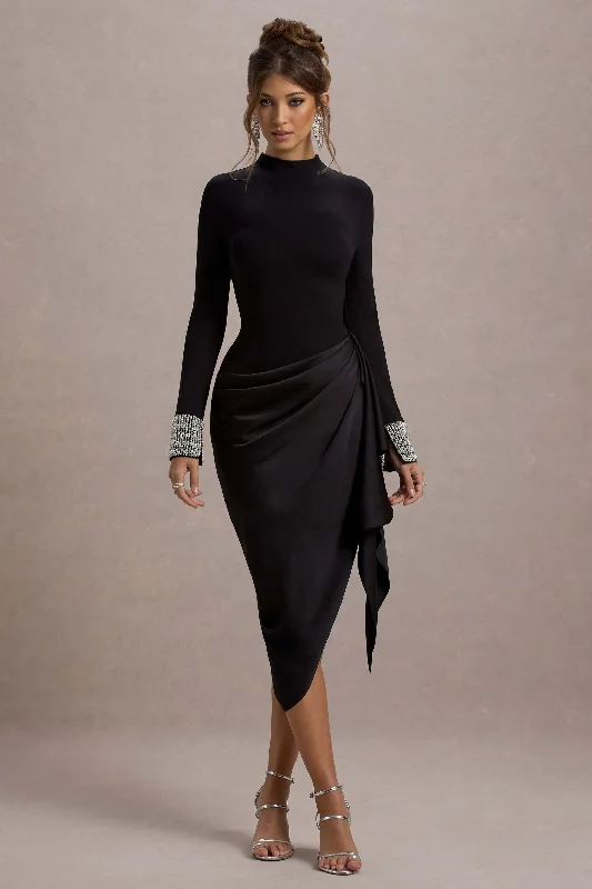 Women's Gathered DressesLuanna | Black Satin Long-Sleeve Midi Dress With Draped Skirt