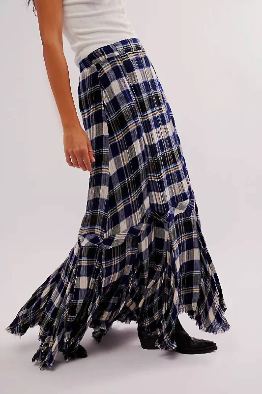 Women's Street Style SkirtsBordeaux Plaid Maxi Skirt In Navy Combo