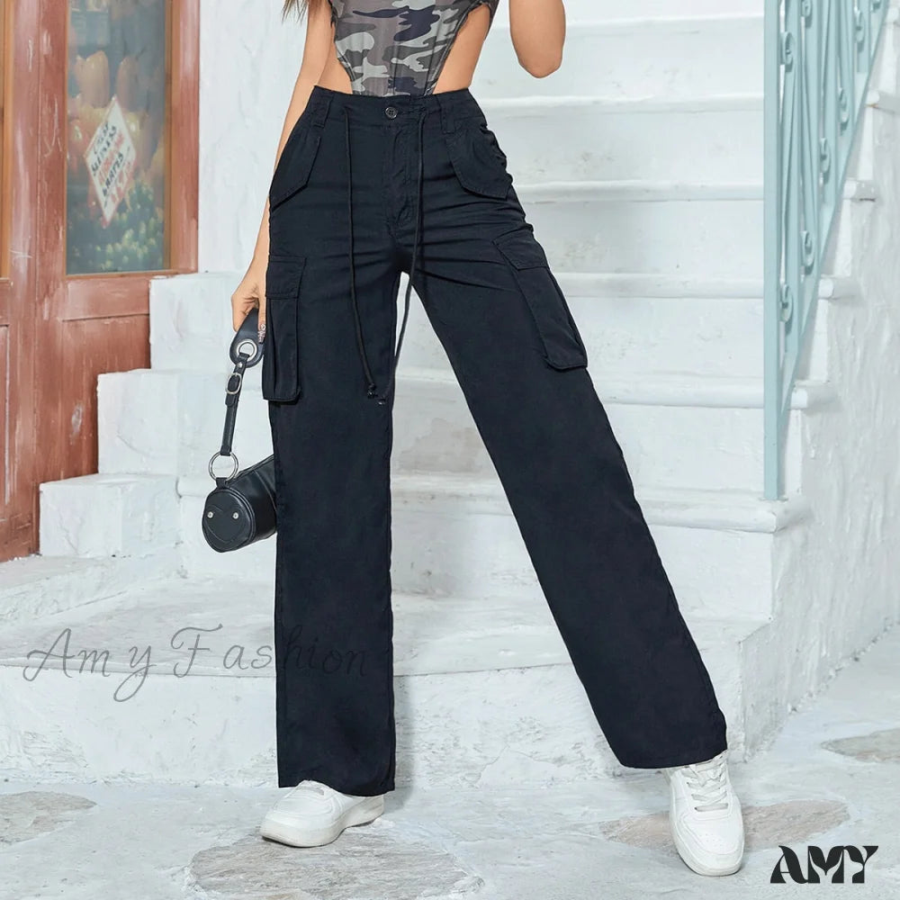 Women's Cargo ShortsAmy Fashion - Multiple Pockets Straight Wide Leg Trousers