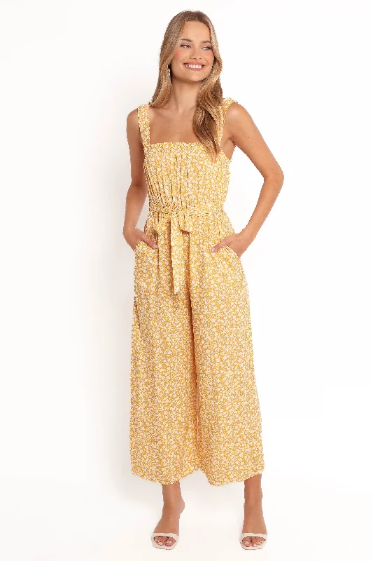 Women's Jumpsuits with Narrow CollarMishia Tie Waist Jumpsuit - Yellow Floral