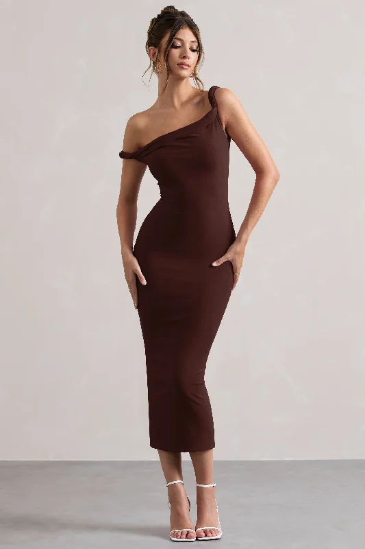 Women's Lapel Collar DressesSalome | Chocolate Brown Twisted Asymmetric Midi Dress